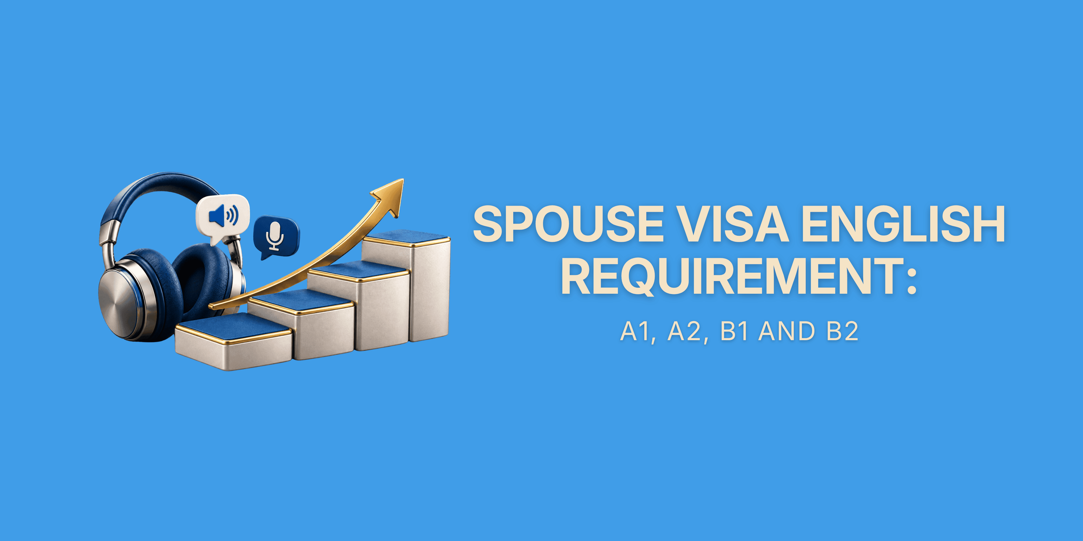 Spouse Visa English: A1, A2, B1, Then B2 from 26 March 2027 – 3D icon of four rising steps beside a headset