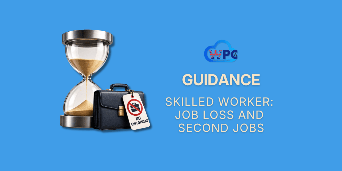 3D illustration of an hourglass beside a briefcase, representing the 60 day period after losing a sponsored job.