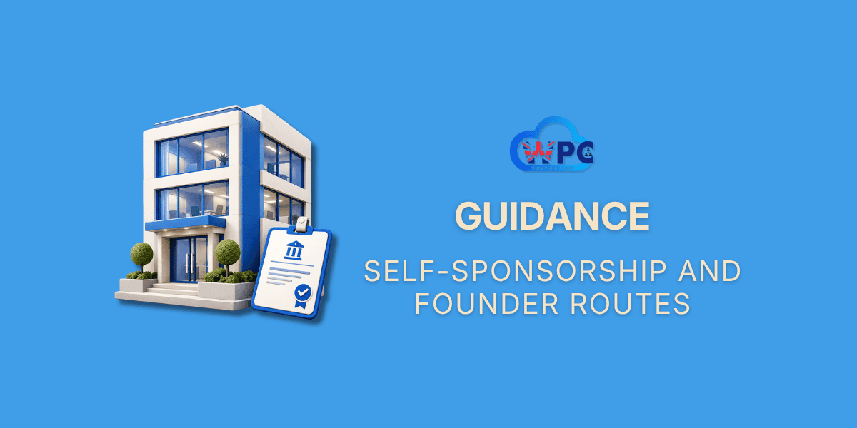 3D illustration of a small office building with a licence badge, representing self-sponsorship through your own UK company.