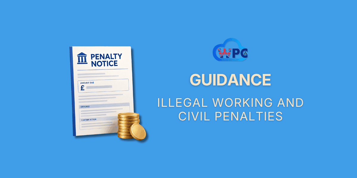 3D illustration of a penalty notice with a stack of coins, representing illegal working civil penalties for UK employers.